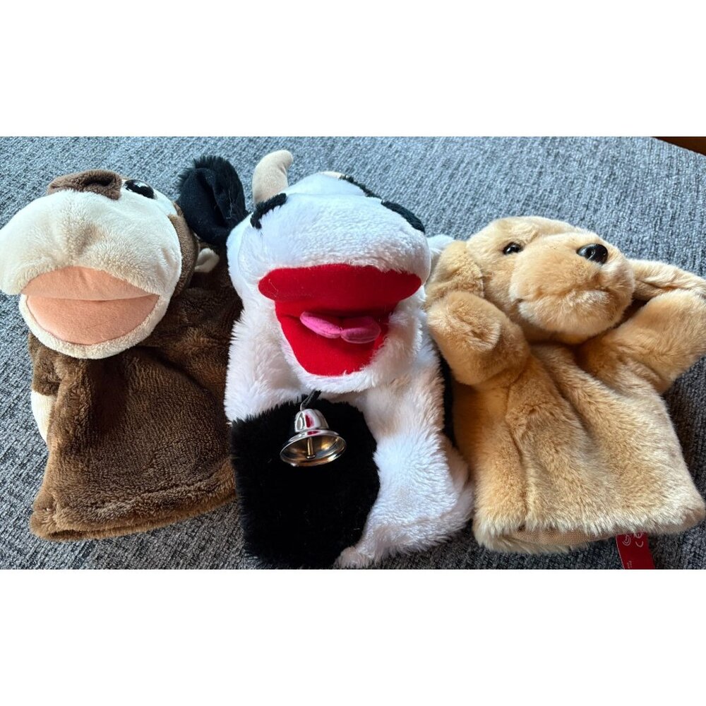 Set Of 3 FluffyToy Hand Puppets Monkey Cow Dog Plush Soft Kids Toy